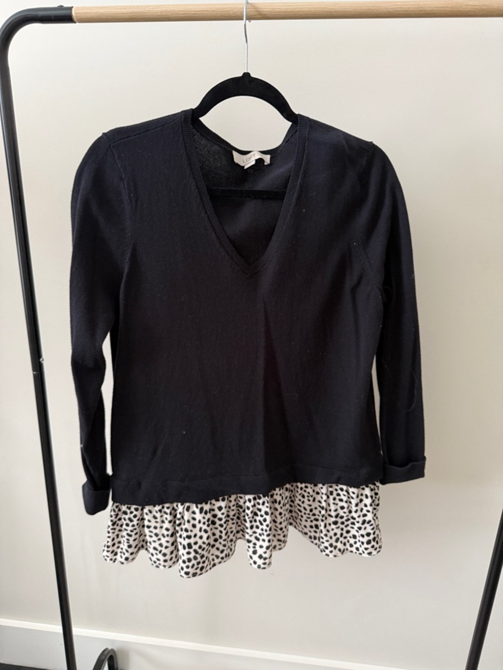 Loft Black V-Neck Sweater with Dot Print Ruffle Hem